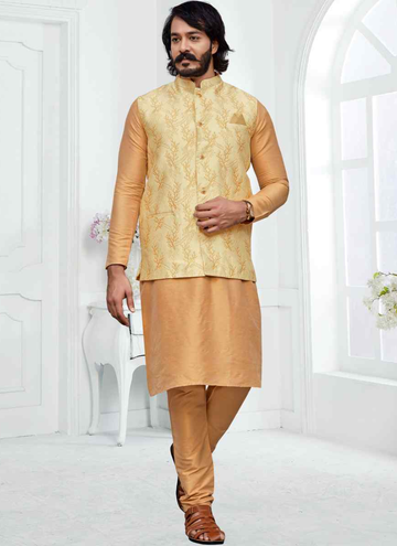 Attractive Beige Brocade Jacket With Woven Art Silk Cream Kurta